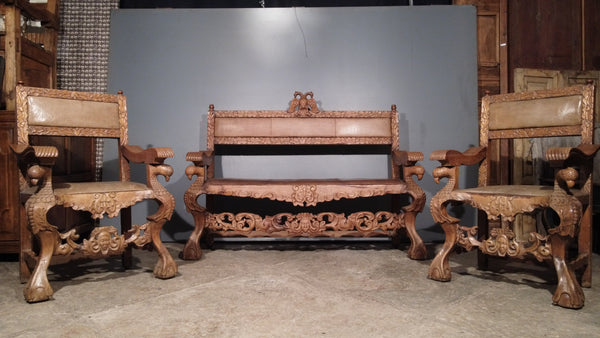 Set of two chairs and a bench with double headed eagle motif