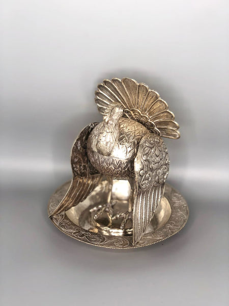 Spanish Colonial Sterling Silver Incense Burner or Bonbonera in the form of a Peacock