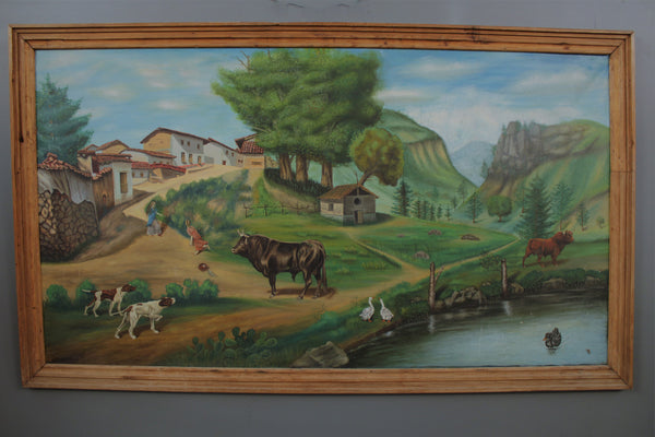 Painting of a Ranchito with Bulls and Pointer Dogs