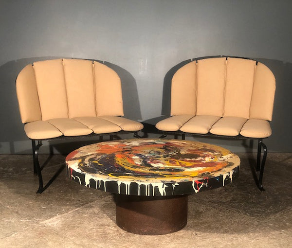 Metal Love Chairs and Abstract Impressionist Painted Cocktail Table by Lorena Suarez