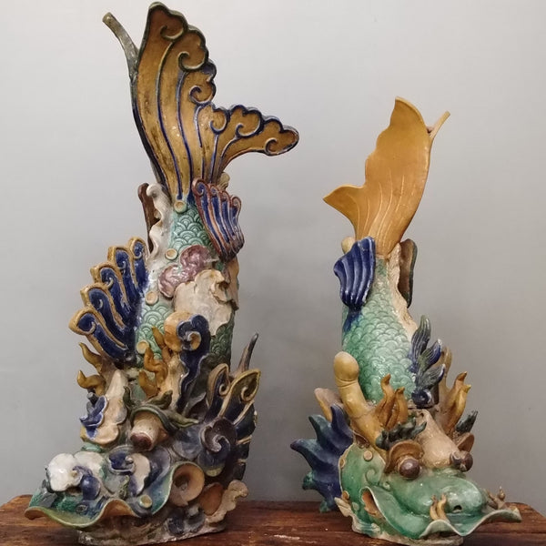 Pair of Foo Fish used as architectural roof decorations in Southeast Asia
