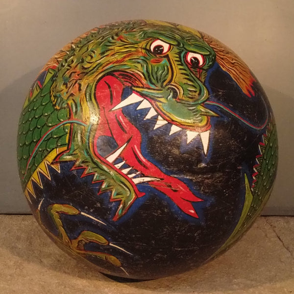Rolling Art with Ferocious Painted Dragon on Wooden Sphere
