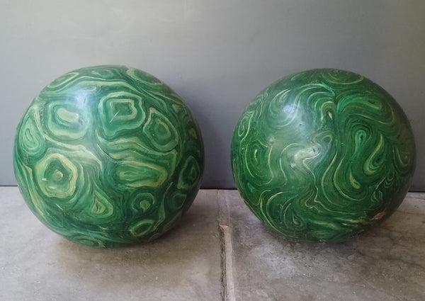 Two Faux Painted Malachite Spheres