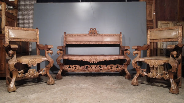 Set of two chairs and a bench with double headed eagle motif