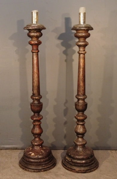Pair of  Wooden Colonial Candlesticks with contemporary silver plate Candle Holders.