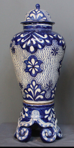 Blue and White Talavera Jar on Stand from Mexico.