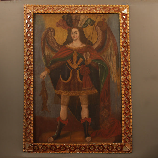 Spanish Colonial  Painting of the Archangel Raphael  with a Peruvian Pan de Oro Frame