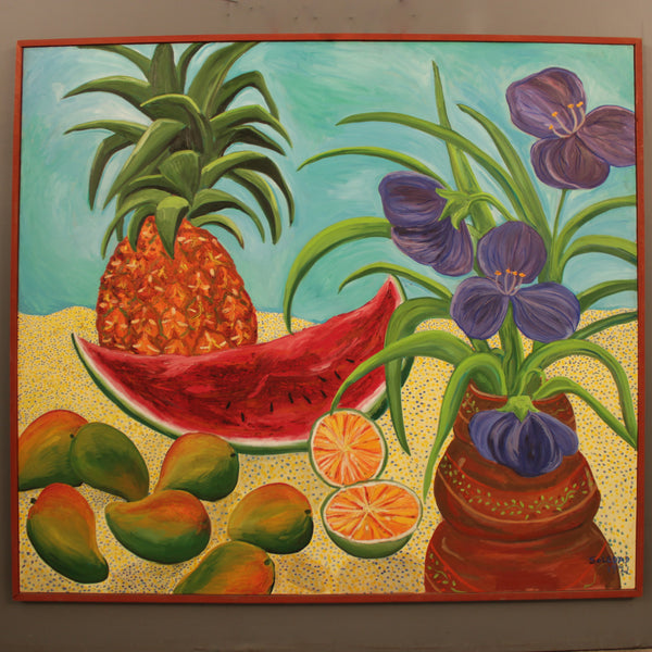 Still Life Painting con Frutas y Flores