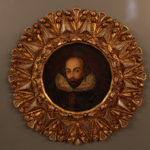 Painting of Shakespeare in a Pan de Oro frame with inset mirror
