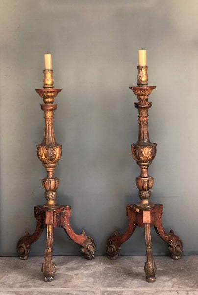 Pair of very tall Polychromed and gold leafed Candlesticks or Blandones