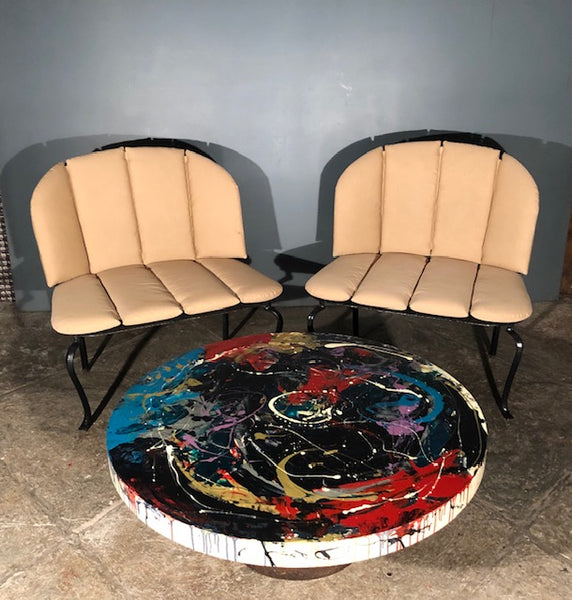 Metal Love Chairs and Abstract Impressionist Painted Cocktail Table by Lorena Suarez