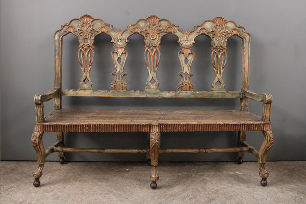 Celestial blue and gold leafed Parlor Bench from early 18th century Peru.